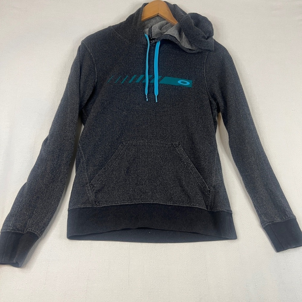 Oakley WoMens Charcoal Gray Teal Graphic Pullover Hoodie Sweatshirt Small